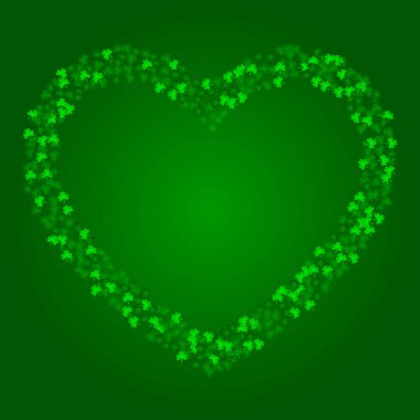 Yeşil yonca konfetiyle Aziz Patrick Günü arkaplanı. Kalp şeklinde yonca yaprakları. Tebrik kartı tasarımı için şablon, afiş, broşür, parti daveti.