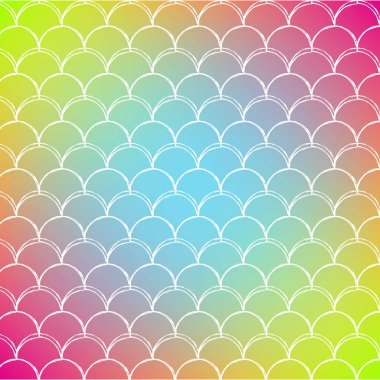 Moda eğilimli arka planda deniz kızı kuyruğu. Deniz kızı kuyruğu süsüyle kare arkaplan. Parlak renk değişimi. Balık pulu afişi ve davetiyesi. Su altı ve deniz deseni. Gökkuşağı renkleri.