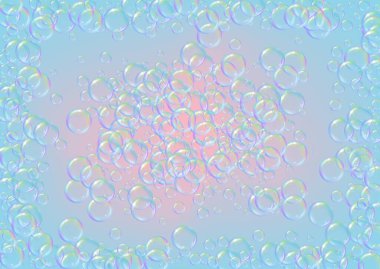 Banyo köpüğü eğimli arka planda. Gerçekçi su kabarcıkları 3 boyutlu. Şampuan köpüklü serin gökkuşağı renkli sıvı köpük. Yatay kozmetik broşür ve davetiye. Banyo köpüğü banyo ve duş için..