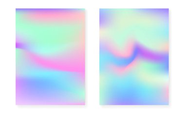 Hologram gradyan arka planı holografik kapaklı. 90 'lar, 80' ler modası. Kitap için Pearlescent grafik şablonu, yıllık, mobil arayüz, web uygulaması. Floresan minimum hologram gramı gradyanı.