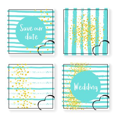 Parlak konfeti ve çizgili düğün davetiyesi. Nane ve beyaz arka planda altın kalpler ve noktalar. Düğün davetiyesi şablonu parti, etkinlik, düğün partisi, tarih kartını kaydet.