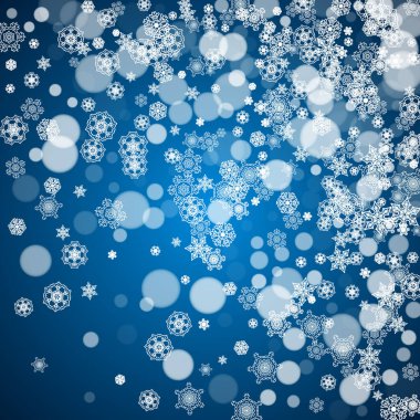 Mavi arka planda yeni yıl karı. Kış teması. Noel ve Yeni Yıl kar arka planda yağıyor. Sezon satışları, özel teklifler, afişler, kartlar, parti davetiyeleri, el ilanları. Mavi üzerine beyaz buz gibi kar taneleri.