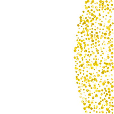 Arkaplanda noktalar olan altın parıltısı konfetileri. Işıltılı, rastgele düşen pullar. Parti davetiyesi, bayrak, tebrik kartı, düğün öncesi parti için altın parıltılı konfeti şablonu.