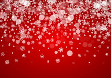 Kırmızı arka planda kar yağan bir Noel çerçevesi. Noel Baba renkleri. Pankartlar, hediye kartları, parti davetiyeleri ve özel iş teklifleri için beyaz buzlu kar taneleriyle yatay Noel çerçevesi.