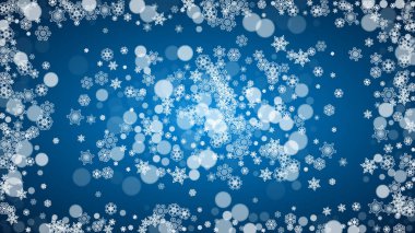 Mavi arka planda yeni yıl karı. Kış teması. Yatay Noel ve Yeni Yıl kar örtüsü. Sezon satışı için, özel teklif, afişler, kart, parti davetiyeleri, el ilanları. Mavi üzerine beyaz kar taneleri.