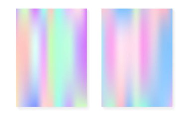 Hologram gradyan arkaplan seti. 90 'lar, 80' ler modası. Broşür, pankart, duvar kağıdı, mobil ekran için Pearlescent grafik şablonu. Çoklu renkli, minimal holografik kapak.