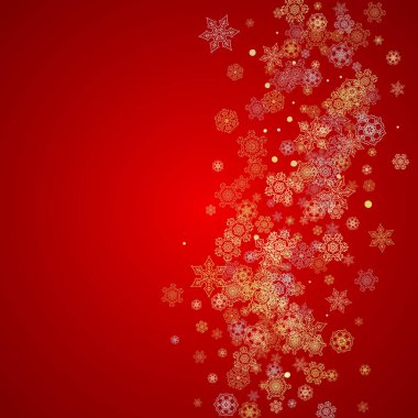 Kırmızı arka planda Noel karı. Mevsimlik kış afişleri için ışıltılı çerçeve, hediye kuponu, kupon, reklam, parti etkinliği. Noel Baba 'nın renkleri altın Noel karıyla boyanır. Tatil için düşen kar taneleri