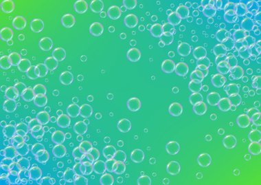 Köpük köpüğü. Banyo için deterjan ve şampuan köpüğü. Sabun. 3d vektör illüstrasyon daveti. Parlak püskürtme ve sıçrama. Gerçekçi su çerçevesi ve sınır. Yeşil renkli sıvı köpük.