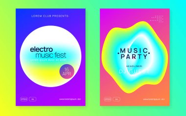 Müzik afişi. Gelecekçi disko partisi broşür tasarımı. Akışkan holografik gradyan şekil ve çizgi. Elektronik ses. Gece dansı yaşam tarzı tatili. Yaz festivali ilanı ve müzik afişi..