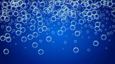 Sabun köpüğü. Deterjan banyosu köpüğü ve küvet için köpük. Şampuan. 3d vektör illüstrasyon tasarımı. Parlak köpürme ve sıçrama. Gerçekçi su çerçevesi ve sınır. Mavi renkli sıvı sabun köpüğü.