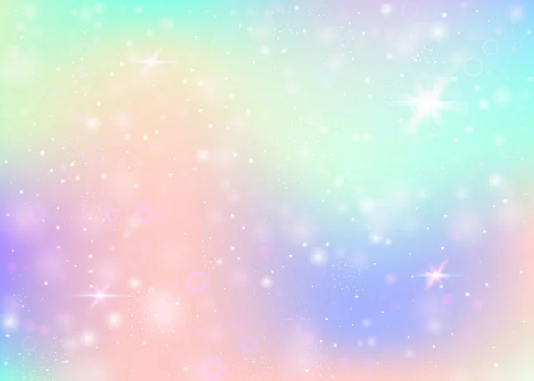 虹色のメッシュでホログラムの背景 プリンセスカラーのガーリー宇宙バナー 幻想的なグラデーションの背景 妖精の輝きとホログラムユニコーンの背景 星とぼかし — ストックベクタ