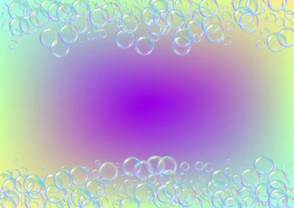 Badschuim Hellende Ondergrond Realistische Waterbellen Koele Regenboog Gekleurde Vloeibare Schuim — Stockvector