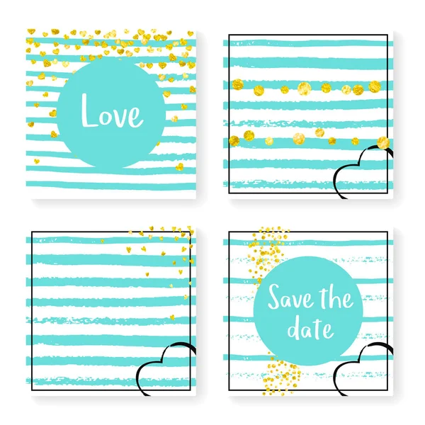 Wedding Confetti Stripes Invitation Set Gold Hearts Dots Mint White — Stock Vector