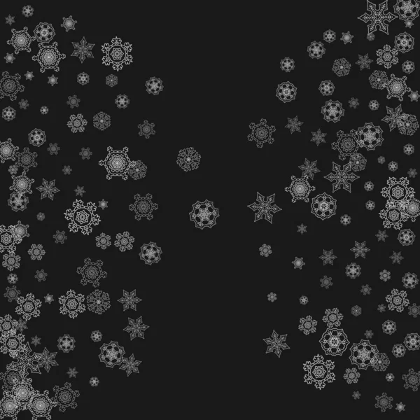 Srebrne Płatki Śniegu Czarnym Tle Zimowe Okno Lśniące Boże Narodzenie — Wektor stockowy