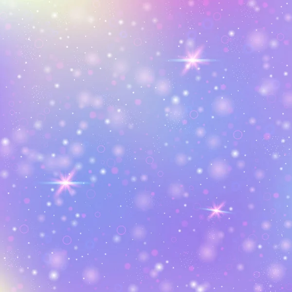 虹色のメッシュで魔法の背景 プリンセスカラーの液体宇宙バナー ホログラムでファンタジーグラデーションの背景 妖精の輝きとホログラフィックな魔法の背景 星とぼかし — ストックベクタ