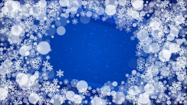 Copos Nieve Navidad Sobre Fondo Azul Con Destellos Marco Horizontal — Vector de stock