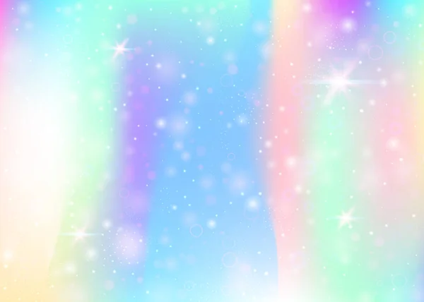 虹色のメッシュでホログラフィックな背景 プリンセスカラーのカワイイ宇宙バナー ホログラムでファンタジーグラデーションの背景 妖精の輝きとホログラフィックな魔法の背景 星とぼかし — ストックベクタ