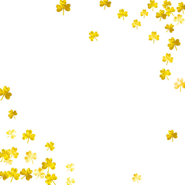 Кловер фон ко Дню Святого Патрика. Счастливые конфетти из трилистника. Блестящая рамка листьев трилистника. Шаблон для ваучера, специальной деловой рекламы, баннера. Праздничный фон клевера.