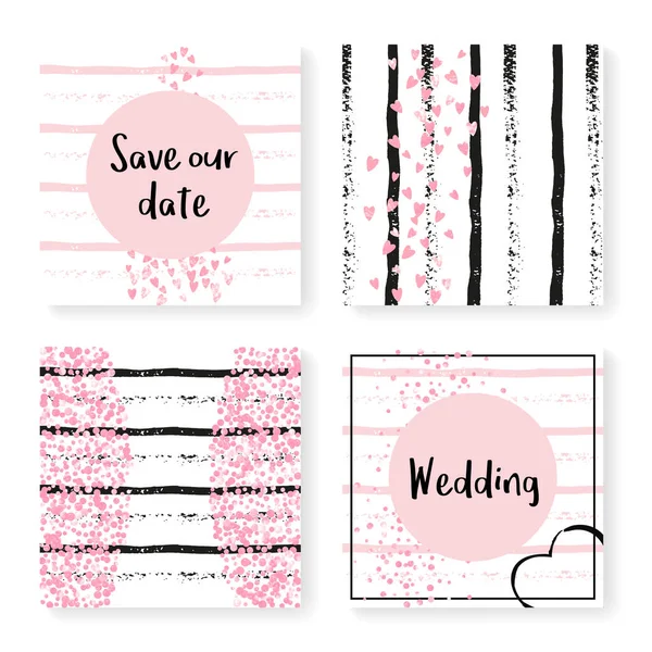 장식과 줄무늬가 초대장이야 하트와 점들이 분홍색 배경에 있습니다 결혼식 초대장과 — 스톡 벡터