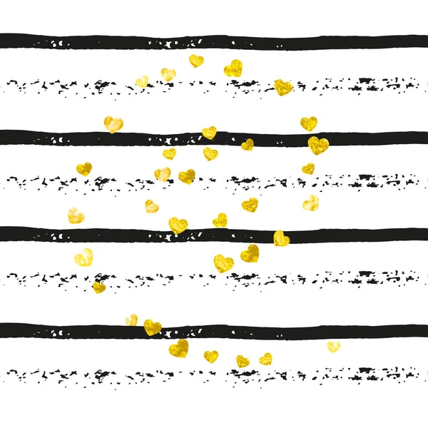 Goldglitzerndes Herz Konfetti Auf Schwarzen Streifen Glänzende Zufällig Fallende Pailletten — Stockvektor