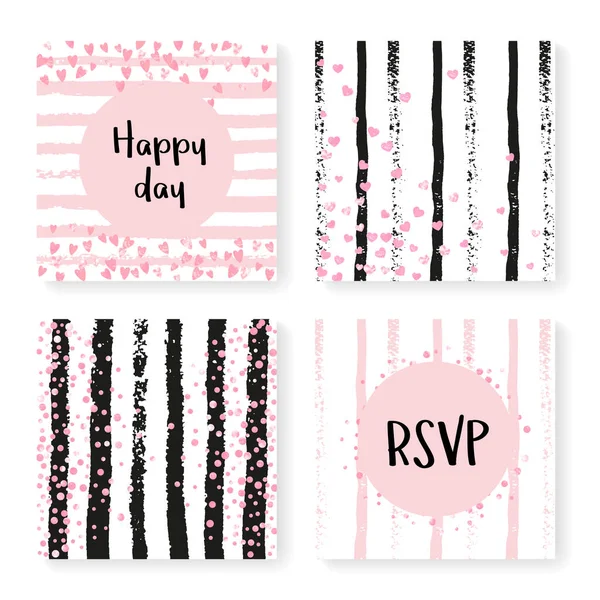 Bruiloft Glitter Confetti Strepen Uitnodigingsset Roze Hartjes Stippen Zwarte Roze — Stockvector