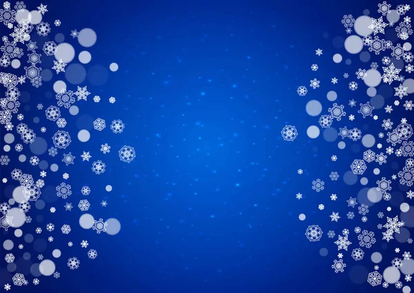 キラキラと青い背景に雪の結晶が落ちます クリスマスと新年の水平テーマ バナー ギフトカード パーティー招待状 賛辞と特別なビジネスオファーのための霜降り雪 — ストックベクタ