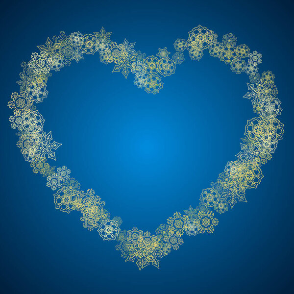 Новогодний снег на голубом фоне. Золотые блестящие снежинки. На Рождество и Новый год выпадает снег. Для сезонных распродаж, специальных предложений, подарков, открыток, приглашений на вечеринки, листовок. Морозная зима на голубом.