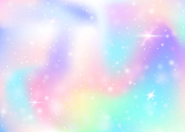 虹のメッシュと妖精の背景 プリンセスカラーのカワイイ宇宙バナー ホログラムでファンタジーグラデーションの背景 魔法の輝きとホログラフィック妖精の背景 星とぼかし — ストックベクタ