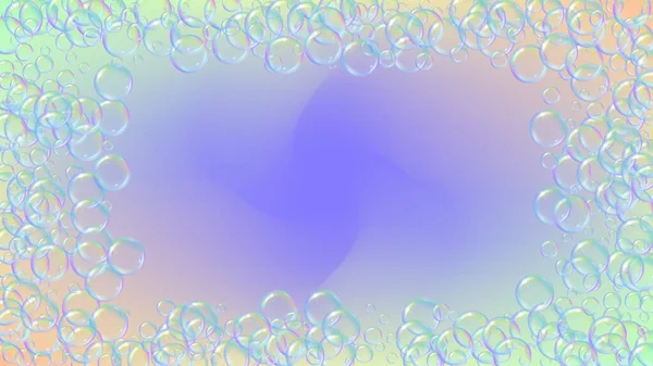 グラデーションの背景に石鹸泡 現実的な水の泡3D シャンプー泡でクールな虹色の液体泡 化粧品のチラシと招待 お風呂やシャワー用の石鹸泡 ベクトルEps10 — ストックベクタ