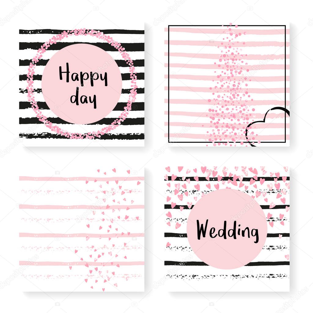 Wedding invite set with glitter confetti and stripes. Pink hearts and dots on black and pink background. Template with wedding invite set for party, event, bridal shower, save the date card.