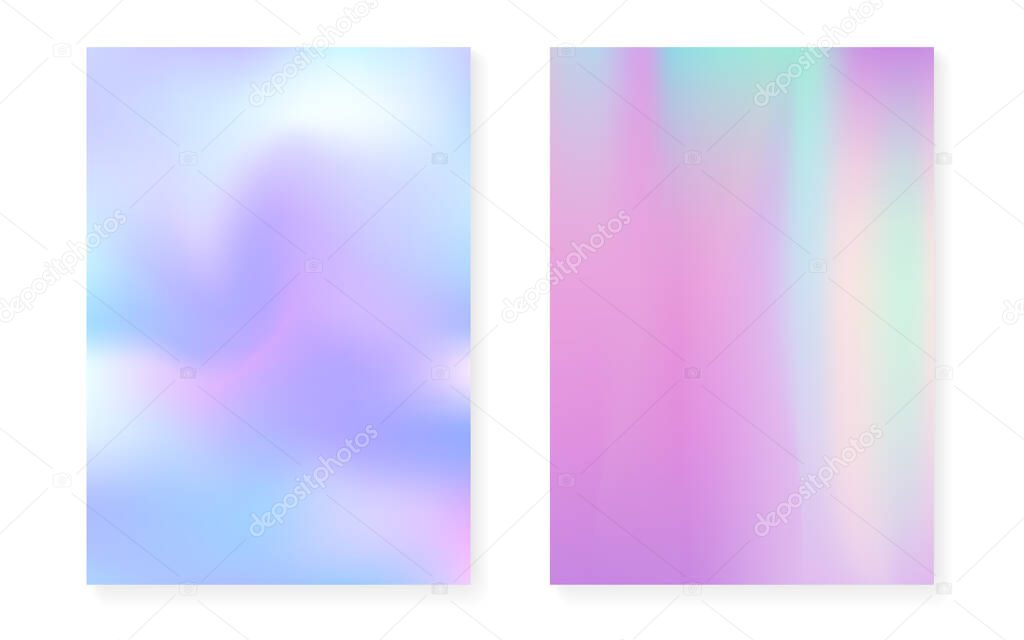 Holographic cover set with hologram gradient background. 90s, 80s retro style. Iridescent graphic template for placard, presentation, banner, brochure. Spectrum minimal holographic cover.