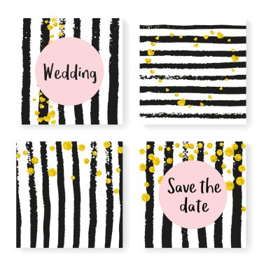 Parlak konfeti ve çizgili düğün davetiyesi. Siyah ve beyaz arka planda altın kalpler ve noktalar. Düğün davetiyeli tasarım parti, etkinlik, düğün partisi, tarih kartı kaydet.