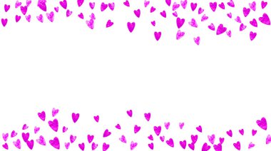 Sevgililer Günü için kalp sınırında pembe parıltılı. 14 Şubat günü. Kalp sınır şablonu için vektör konfetisi. Grunge el çizimi dokusu. Hediye kuponları, kuponlar, reklamlar, etkinlikler için aşk teması.