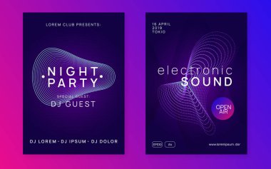 DJ partisi. Dijital şov afişi. Dinamik gradyan şekil ve çizgi. Neon DJ parti broşürü. Elektro dans müziği. Tekno trans. Elektronik ses olayı. Kulüp festivali posteri.