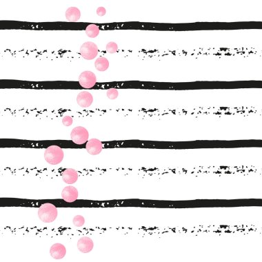 Pembe pırıltılı noktalar siyah çizgili konfeti. Işıl ışıl parlayan, rastgele düşen pullar. Parti davetiyesi, bayrak, tebrik kartı, düğün öncesi parti için pembe noktalı şablon.