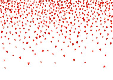 Gelin duşu arka planında pembe parıltılı kalpler var. Sevgililer Günü. Vektör konfetisi. El çizimi. Hediye kuponları, kuponlar, reklamlar, etkinlikler için aşk teması. Yürekli düğün ve gelin duşu şablonu