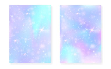 Kawaii gökkuşağı gradyanı olan prenses arkaplanı. Sihirli tek boynuzlu at hologramı. Holografik peri seti. Parlak fantezi kapağı. Hoş kız partisi daveti için pırıltılı ve yıldızlı prenses arkaplanı.