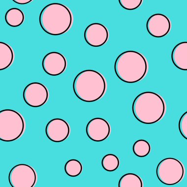 Pop sanatının renkli konfeti geçmişi. Siyah noktalar ve mürekkep çizgileriyle beyaz arka planda büyük renkli lekeler ve daireler. Pop sanat tarzında kusursuz bir desen. Paketleme, tekstil ve kumaş için parlak şablon