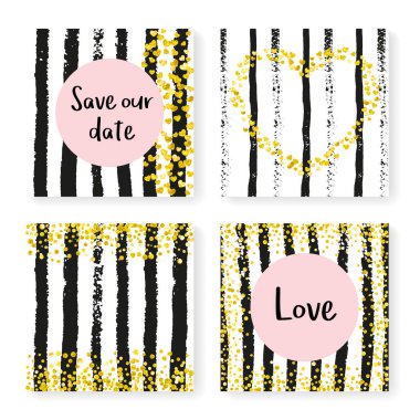 Parlak konfeti ve çizgili düğün davetiyesi. Siyah ve beyaz arka planda altın kalpler ve noktalar. Düğün davetiyesi şablonu parti, etkinlik, düğün partisi, tarih kartını kaydet.