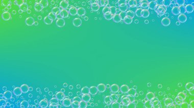 Sabun köpüğü. Deterjan banyosu köpüğü ve küvet için köpük. Şampuan. 3d vektör illüstrasyon düzeni. Şık bir köpük ve su sıçratma. Gerçekçi su çerçevesi ve sınır. Yeşil renkli sıvı sabun köpüğü.