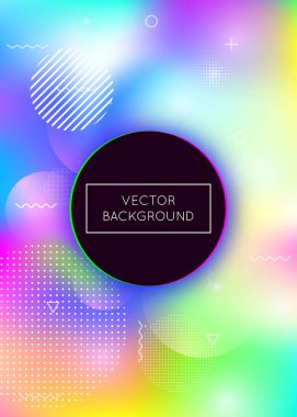 Sıvı şekilli holografik arkaplan. Memphis sıvı elementleriyle dinamik Bauhaus gradyanı. Broşür, ui, dergi, poster, afiş ve uygulama için grafik şablonu. Plastik holografik arkaplan.