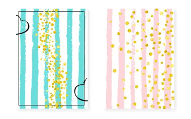 Noktalı ve pullu gelin partisi. Altın parıltılı konfetiyle düğün davetiyesi. Dikey çizgili arka plan. Parti için şık bir parti, etkinlik, tarih ilanını kaydet.