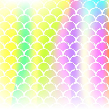 Holografik ölçekli bir denizkızı geçmişi var. Parlak renk değişimi. Balık kuyruğu afişi ve davetiye. Kızlar için su altı ve deniz şablonu. İnci rengi arkaplan ve eğimli deniz kızı.