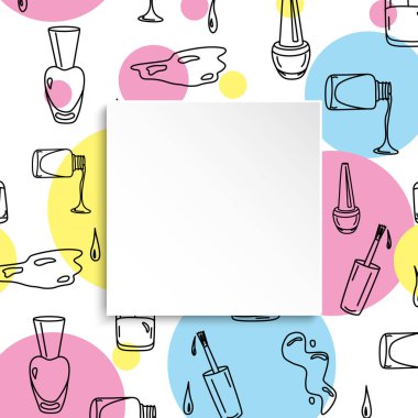 Manikür desenli çivi afişi. Üç boyutlu kağıt tabakta el yapımı cilası ve cila şişeleri. Kozmetik, moda ve makyaj satışları, reklamlar, özel teklifler ve el ilanları için şık bir manikür şablonu.