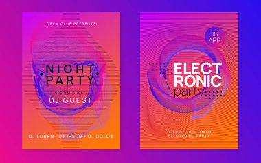 Müzik posteri. Kavisli diskotek kapağı seti. Dinamik gradyan şekil ve çizgi. Neon müzik posteri. Elektro dans DJ 'i. Elektronik ses festivali. Kulüp ilanı. Tekno trans partisi.