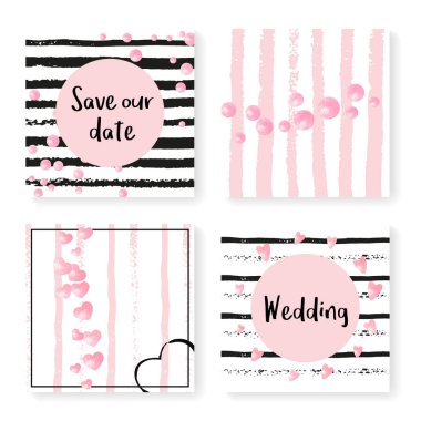 Çizgili düğün konfetisi. Davetiye ayarlandı. Siyah ve pembe arka planda pembe kalpler ve noktalar. Parti için düğün konfetisi şablonu, etkinlik, gelin partisi, tarih kartını kaydet.