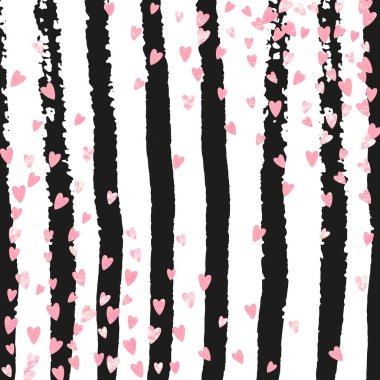 Siyah çizgili pembe pırıltılı konfeti. Parlak parıltılı pullarla rastgele düşen pullar. Parti davetiyesi, bayrak, tebrik kartı, gelin partisi için pembe parıltılı konfeti tasarımı.