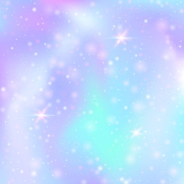 Gökkuşağı örgülü sihirli bir arka plan. Prenses renklerinde renkli evren bayrağı. Hologramla fantezi gradyanı. Peri parıltıları, yıldızlar ve bulanıklıklarla holografik büyü arka planı.