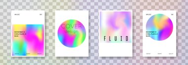 Holografik poster seti. Soyut arka planlar. Gradyan örgülü sıvı holografik poster. 90 'lar, 80' ler modası. Pankart, sunum, pankart, broşür için yanardöner grafik şablonu.