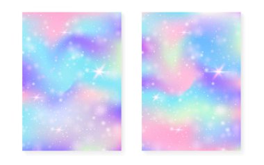 Kawaii Prenses Gradient ile gökkuşağı arka planı. Sihirli tek boynuzlu at hologramı. Holografik peri seti. Canlı bir fantezi kapağı. Parıltılı gökkuşağı arkaplanı ve güzel kız partisi daveti için yıldızlar.